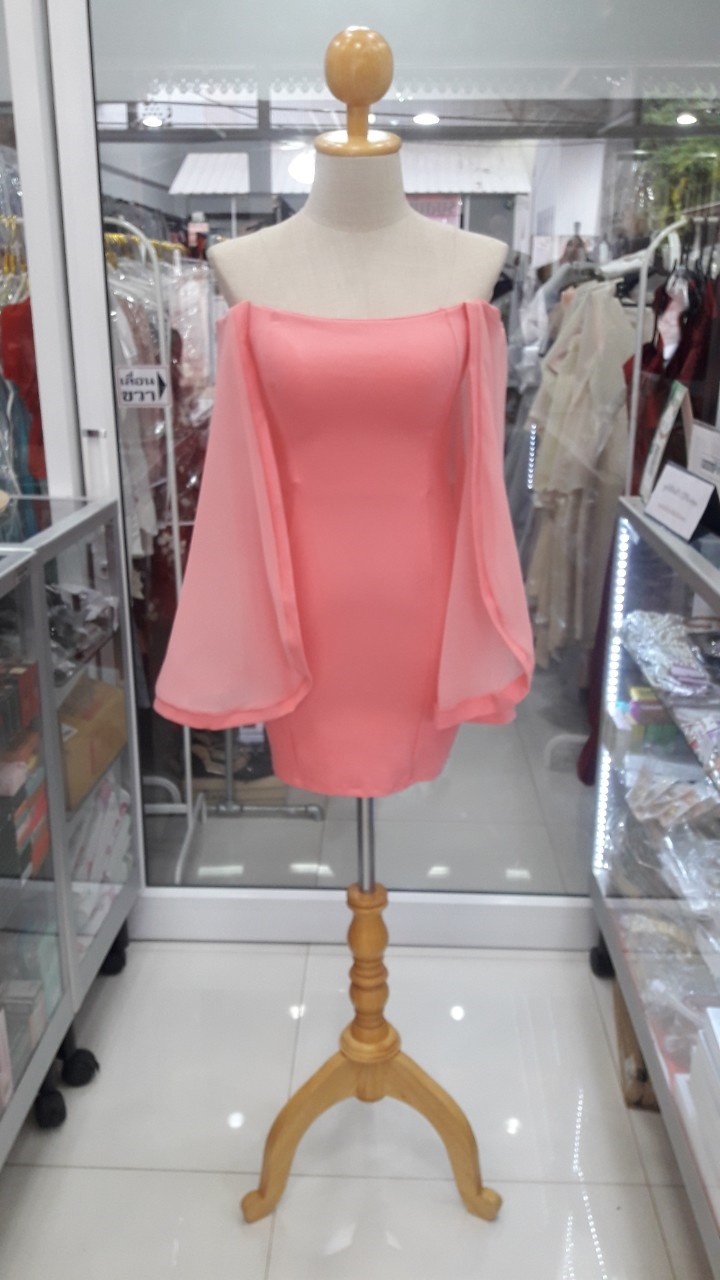 ราตรีสั้นสีชมพูผ้า topshop ปาดไหล่แขนชีฟอง(S)