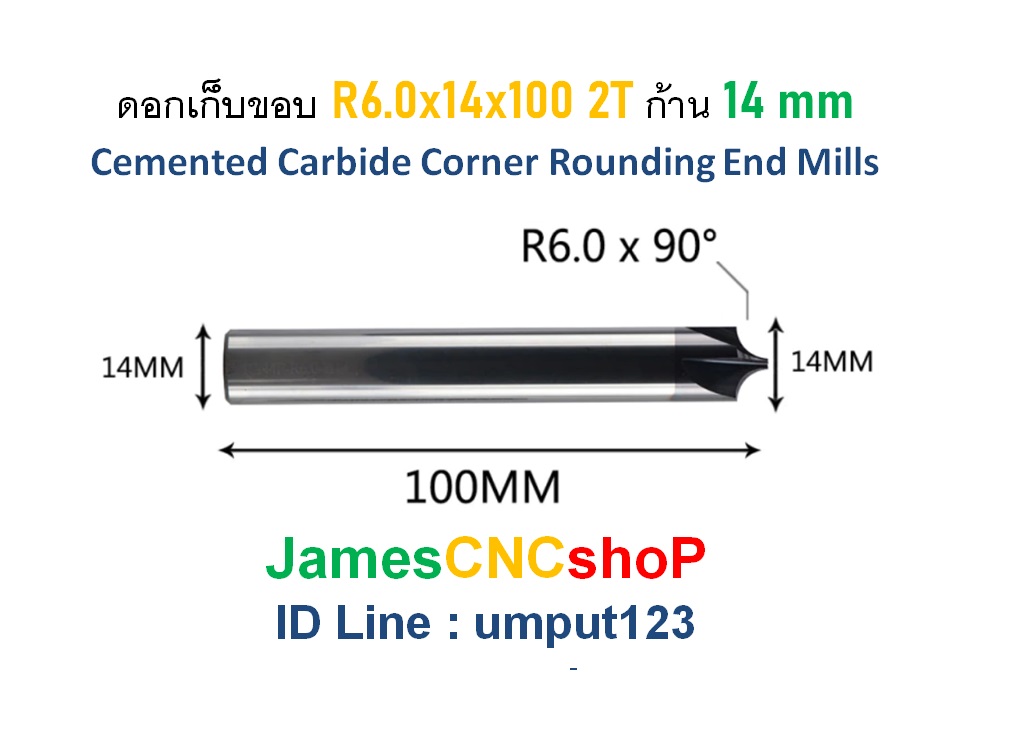 ดอกเก็บขอบ R6.0x14x100 2T ก้าน 14 mm Cemented Carbide Corner Rounding End Mills