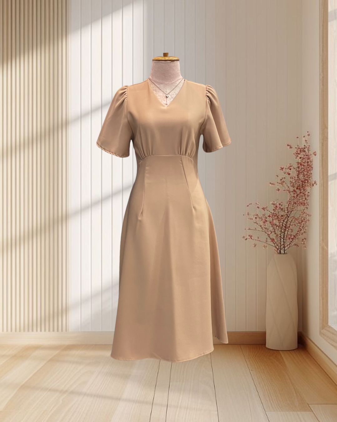 (PRE-LOVED) เดรสคอวีแขนระบาย สีน้ำตาล ไซส์ M