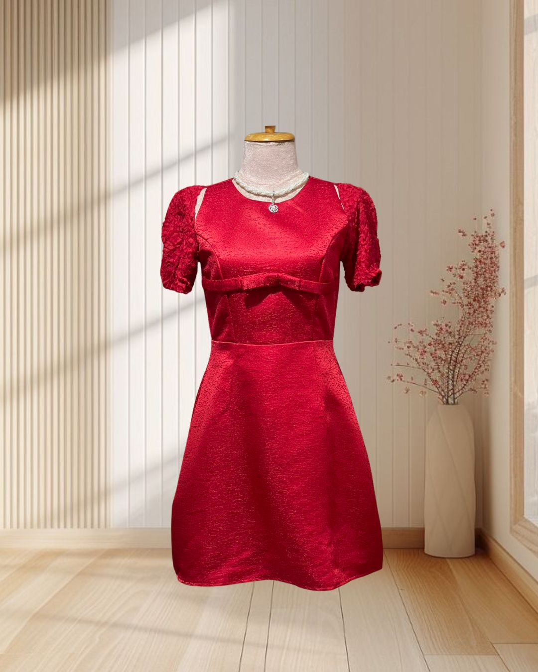 (NEW) เดรสสั้นสีแดง สไตล์เวียดนาม แขนสั้นกรีบดอกไม้ ไซส์ S