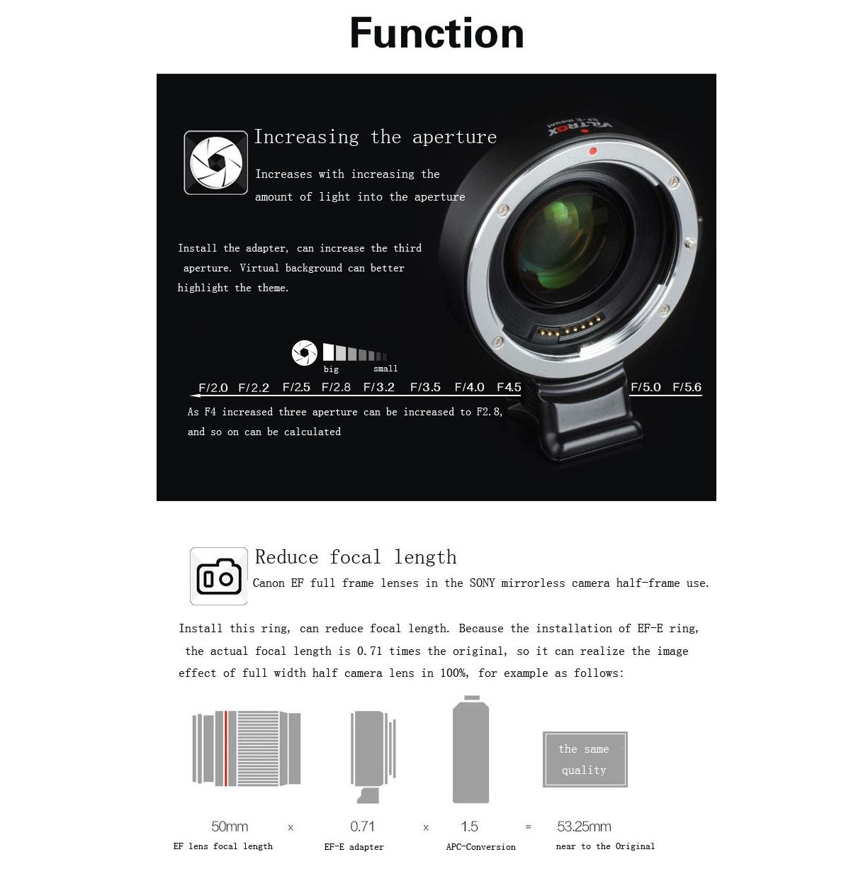 Viltrox EF-E II AF Auto Focus Adapter for sony E-mount cameras to use canon EF lens Reduce focal length and Aperture three Stop