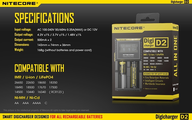 ที่ชาร์จแบตเตอรี่ NITECORE D2 Digicharger LCD Display Universal Battery Charger สำหรับแบต 3.7V และ 1.2V ของแท้ 100% Original for 26650 18650 18350 16340 14500 10440 AA AAA