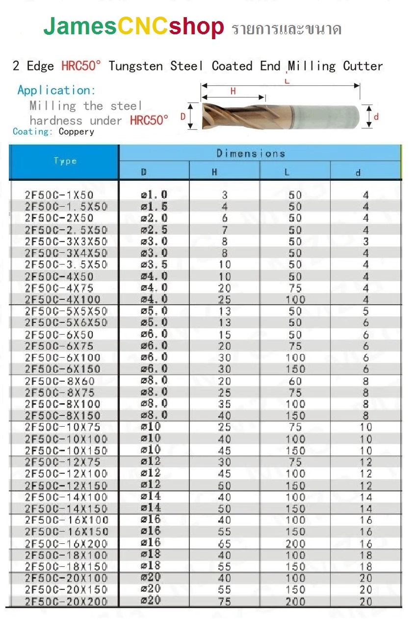 End mill คาร์ไบด์เคลือบ TiN 2 ฟัน ขนาดตั้งแต่ 1-12 mm ค่าความแข็ง HRC50