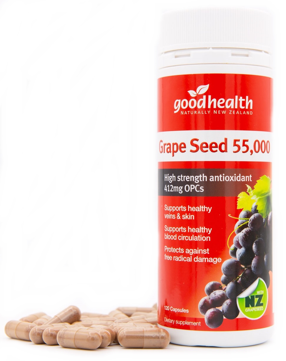 good health สารสกัดเมล็ดองุ่น 55,000 mg. มี OPC 412 MG.ยี่ห้อgoodhealth จากนิวซีแลนด์ เพื่อผิวกระจ่างใสและสุขภาพดี ขนาด 120 แค็บซูล