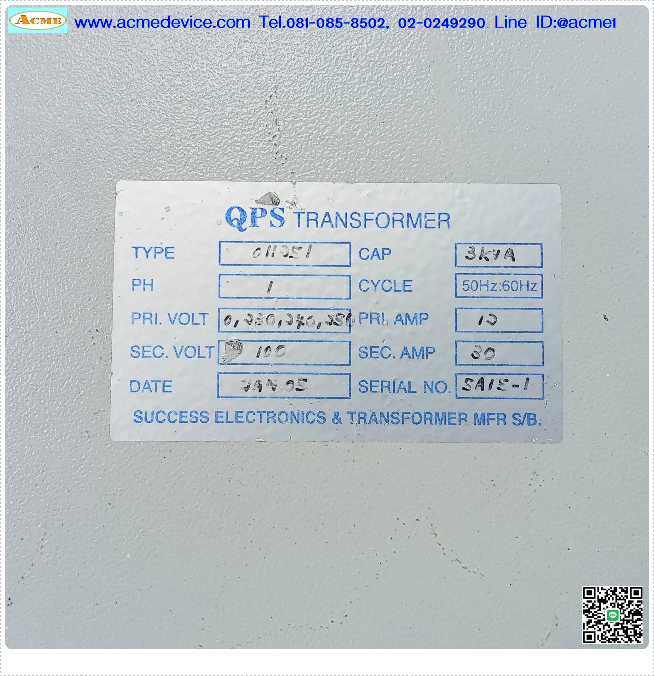 Transformer QPS รุ่น 011051, 230,240,250/110V,12/30A,1PH, 3kVA, Auto