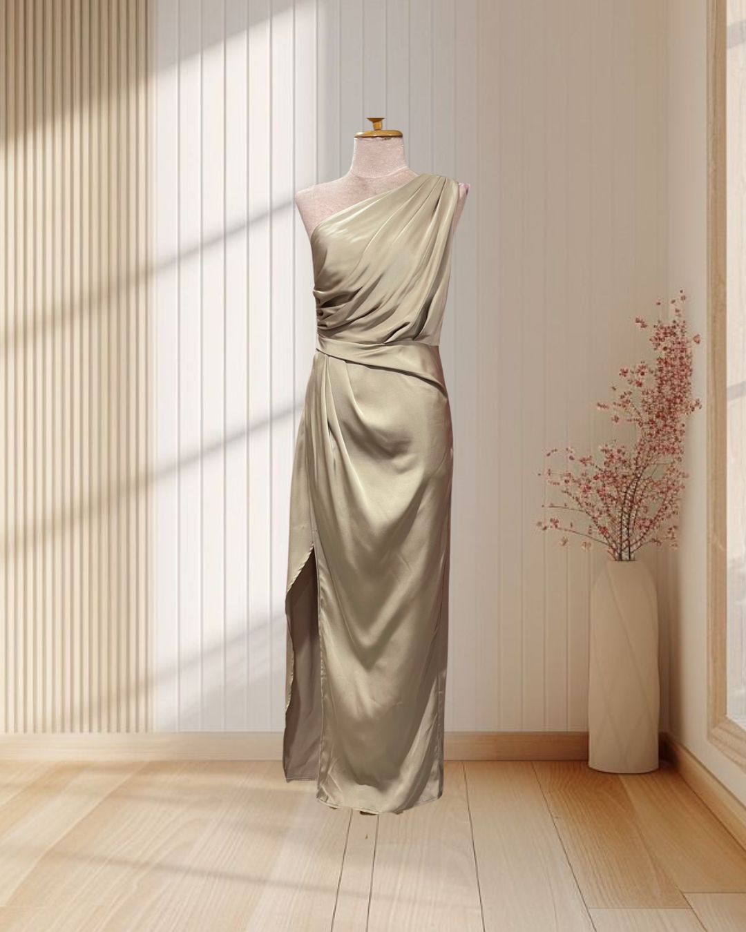 (PRE-LOVED) ราตรียาวสีน้ำตาล บ่าเฉียง จีบสะโพก ผ้าเครปซาติน ไซส์ S