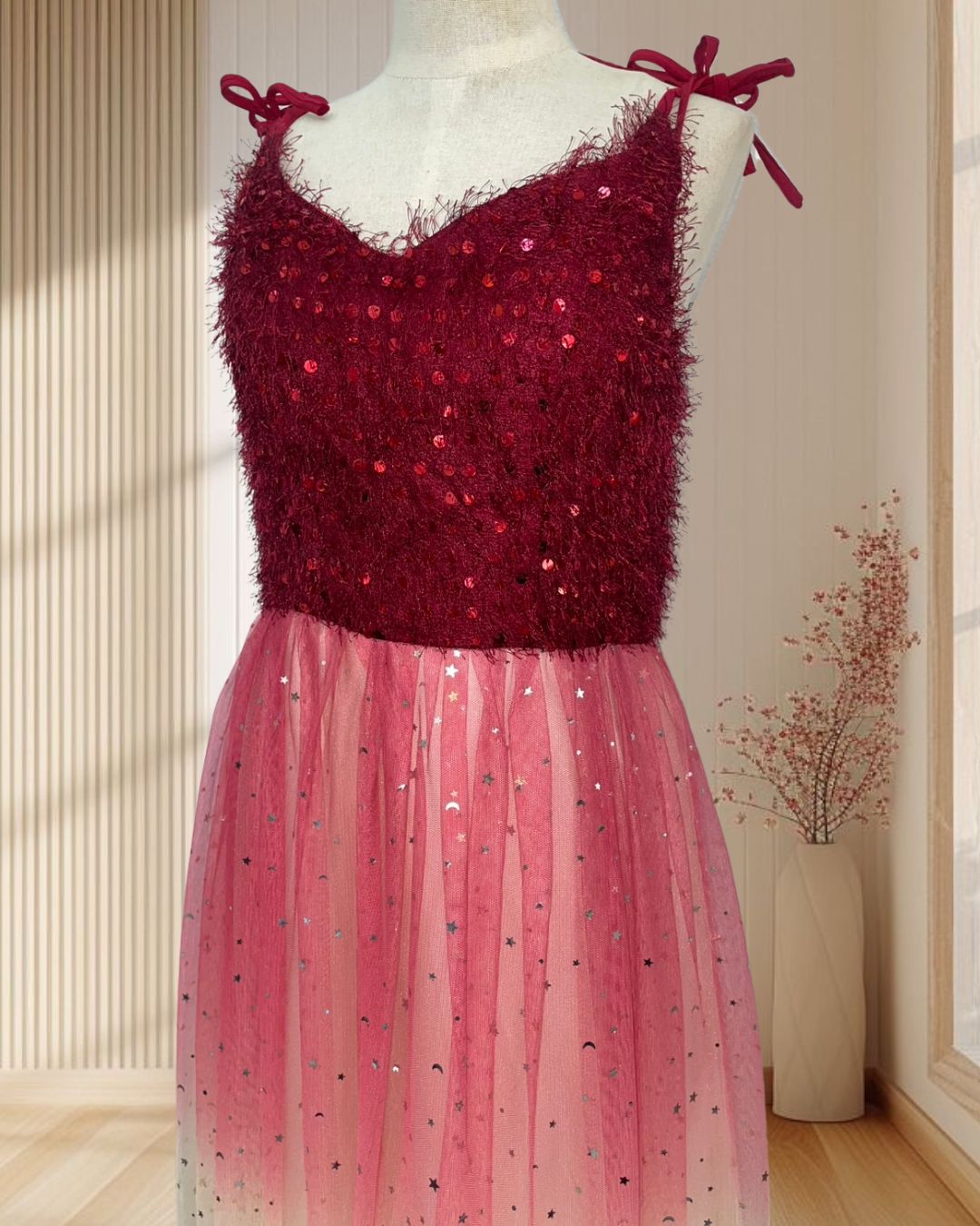 (PRE-LOVED) ชุดราตรียาวสายเดี่ยวเสื้อสีแดงกระโปรงไล่สี F