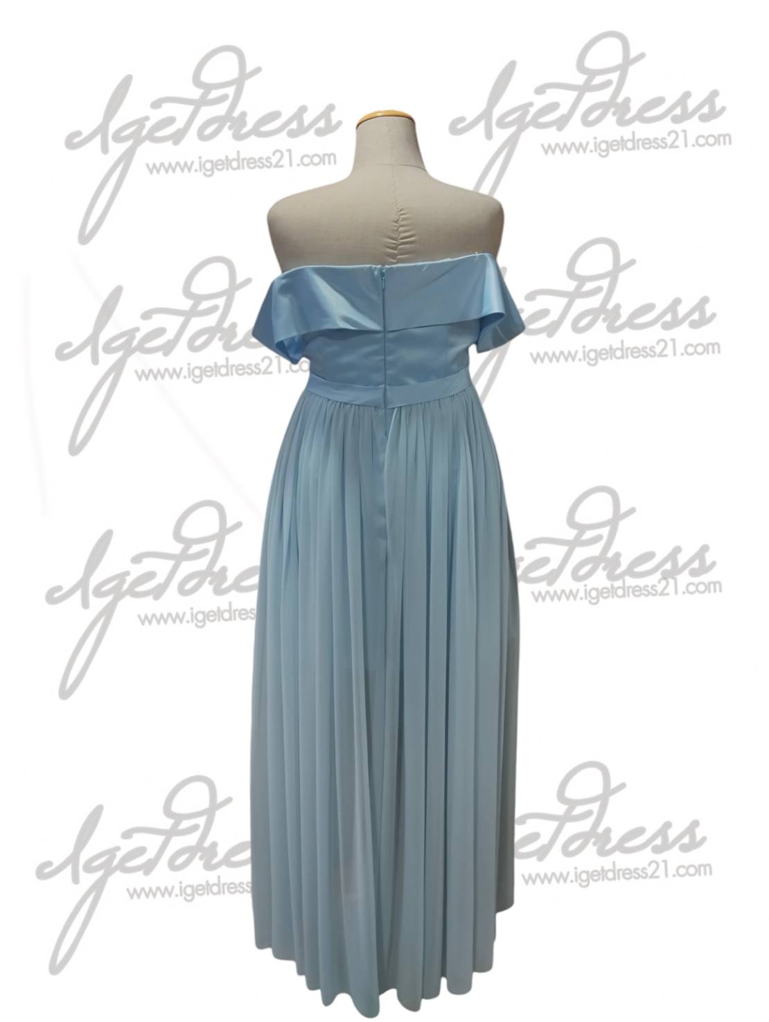 (PRE-LOVED) ชุดราตรีสีฟ้าปาดไหล่แต่งดอกไม้กระโปรงสอบสั้นชายซีฟองยาว2ข้าง (5XL)