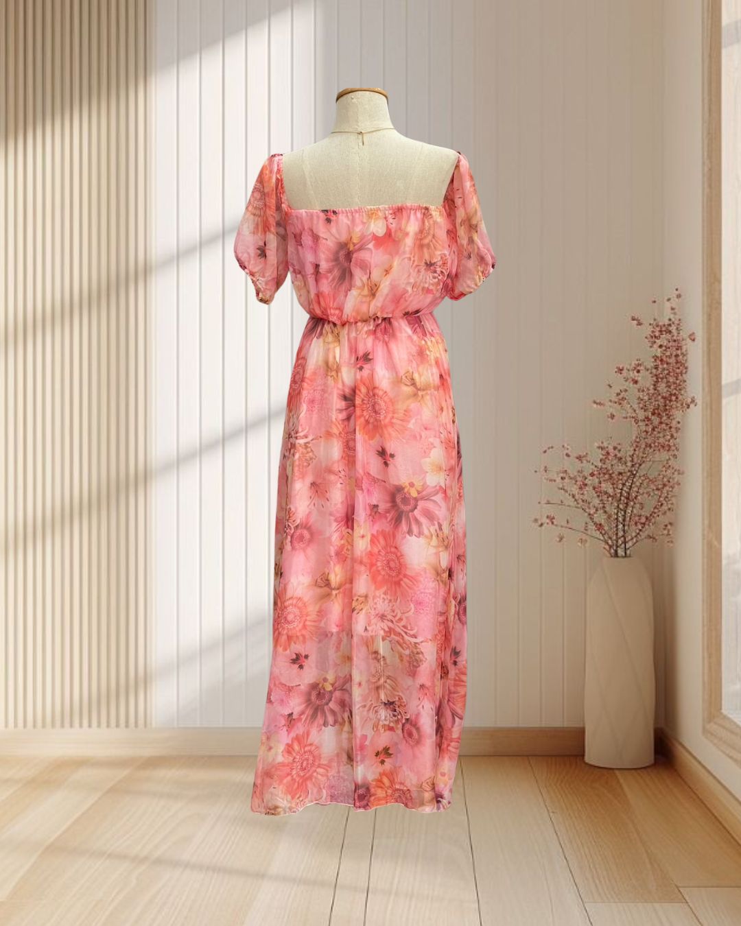 เดรสยาวสีชมพู แขนตุ๊กตา ปาดไหลลายดอกไม้ ไซส์ M