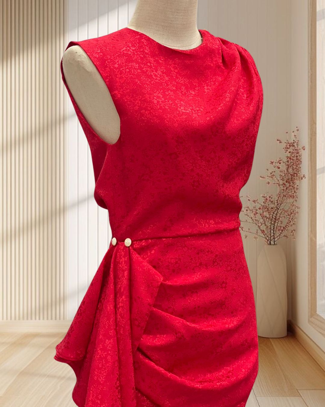 (PRE-LOVED) ราตรีสั้นสีแดงแขนกุด ผ้าเงาลายดอกไม้ โชว์หลัง แต่งระบายเอว ไซส์ S