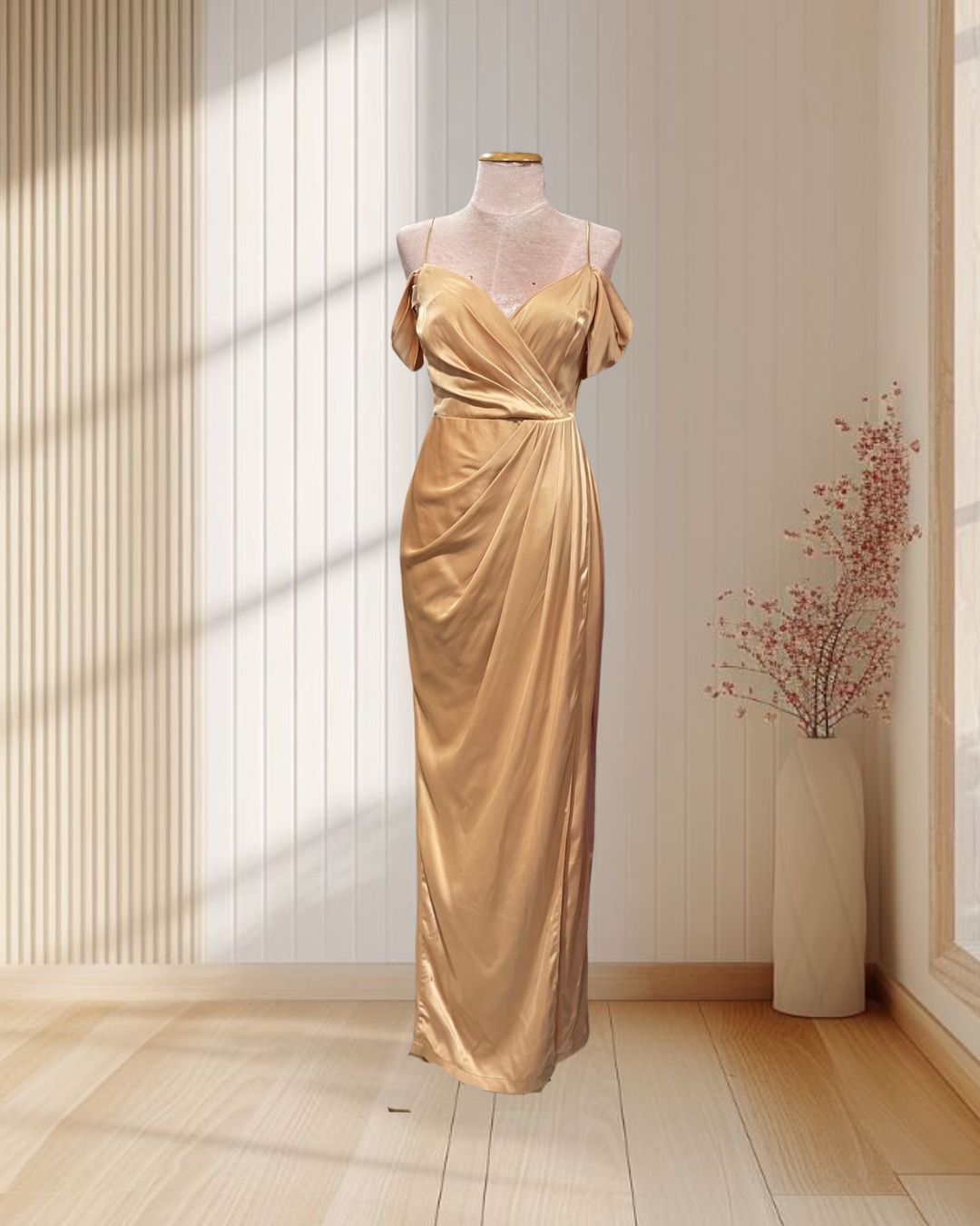 (PRE-LOVED) ราตรียาวสีทอง สายเดี่ยวปาดไหล่ จีบเอว ไซส์ S