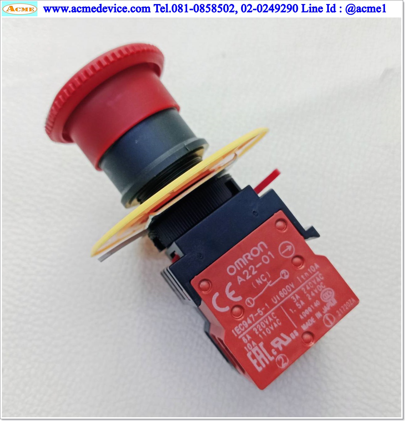 Emergency Switch Omron รุ่น A22E-P, 1NO, 2NC, Dia. 22 mm.