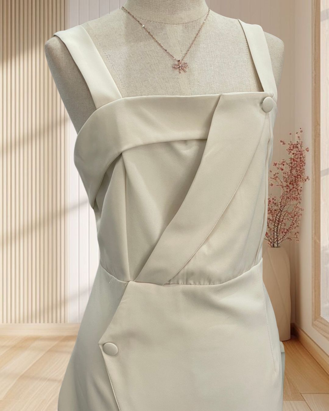 ( PRE-LOVED ) ราตรีสั้นสีครีม สายเดี่ยว แต่งกระดุม กระโปรงชายผ้าลูกไม้ ไซส์ L