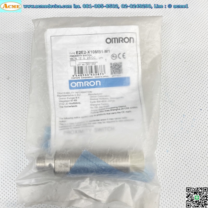 Proximity Omron รุ่น E2E2-X10MB1-M1, M18, ระยะ 10mm, 3wire, PNP, NO, Unshielded, Inductive