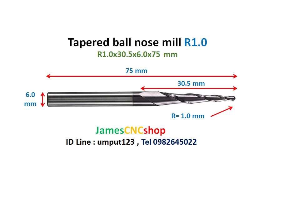 R1.0x30.5xD6x75 mm Tapered ball nose end mill TiAlN Carbide coat