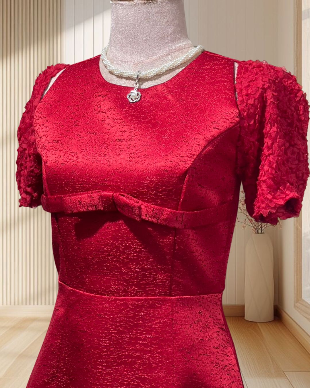 (NEW) เดรสสั้นสีแดง สไตล์เวียดนาม แขนสั้นกรีบดอกไม้ ไซส์ S