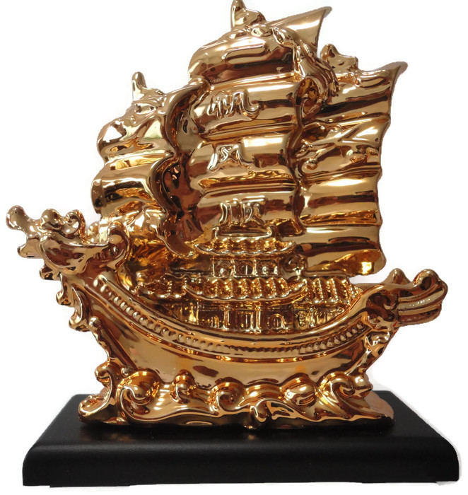 เรือสำเภาทองหัวมังกรคู่ ฐานไม้