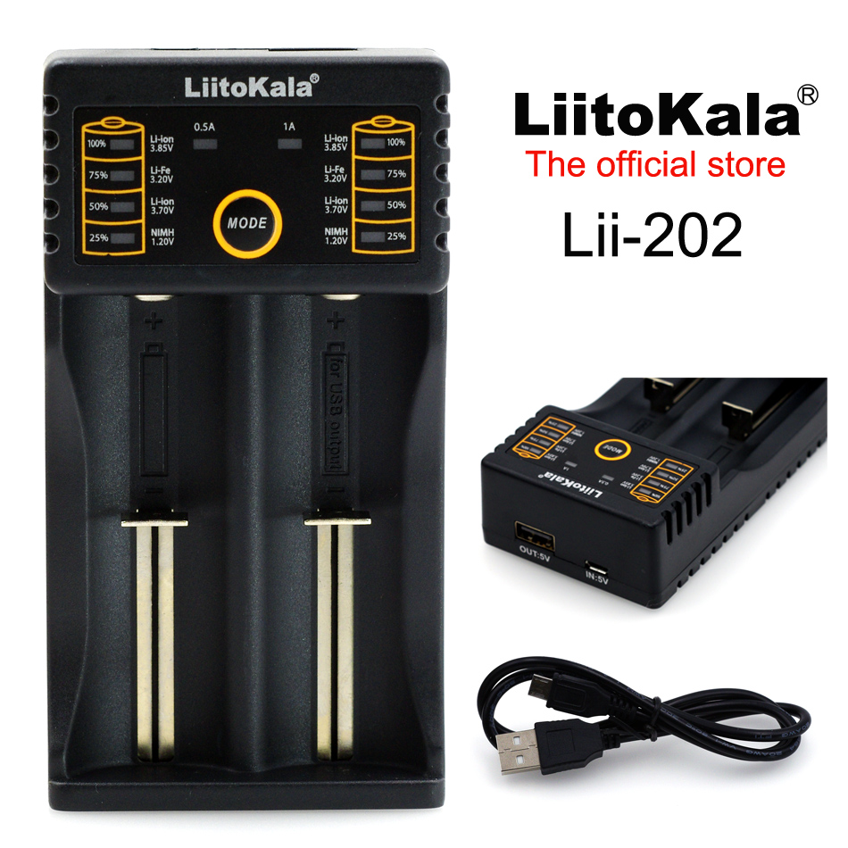 ที่ชาร์จแบตเตอรี่ LiitoKala Lii-202 แบบ Micro USB 2 ช่อง 2 รางชาร์จ สำหรับแบต 14500 18650 26650 AA AAA กระแสชาร์จ 500/1000 mA ของแท้ Original 100%