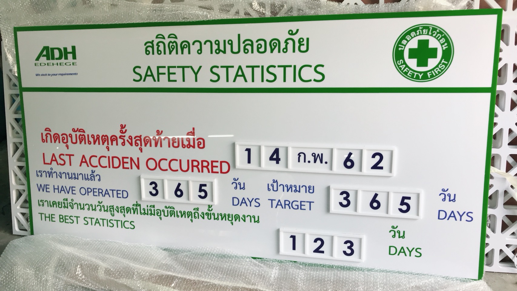 ป้ายสถิติความปลอดภัย ในโรงงาน - ป้ายอะคริลิค ติดสติดเกอร์ พร้อมตัวเลขแบบเปลี่ยนได้