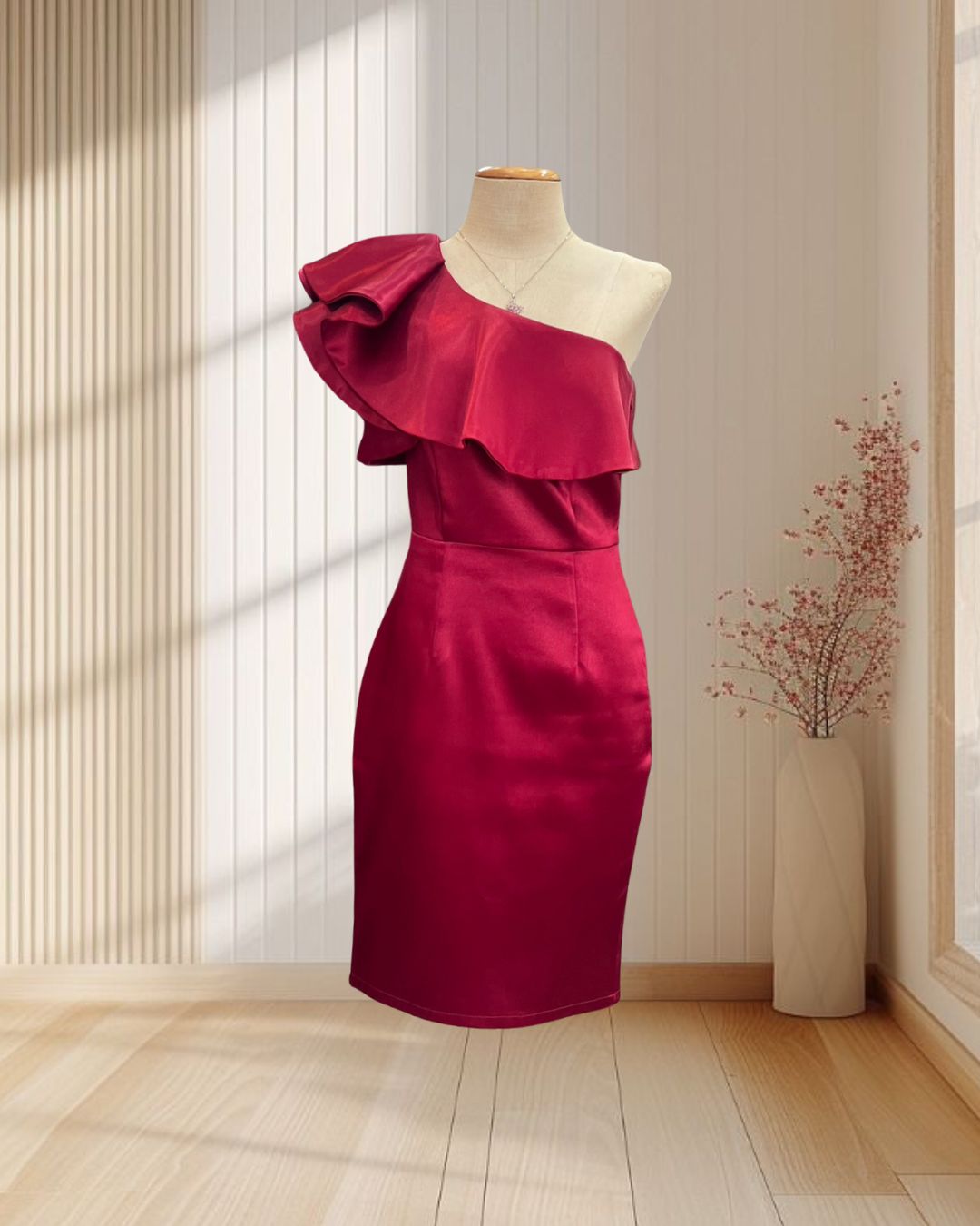 (PRE-LOVED) ราตรีสั้นสีแดง บ่าเฉียง แต่งระบาย ผ้าซาตินหนา ไซส์ S