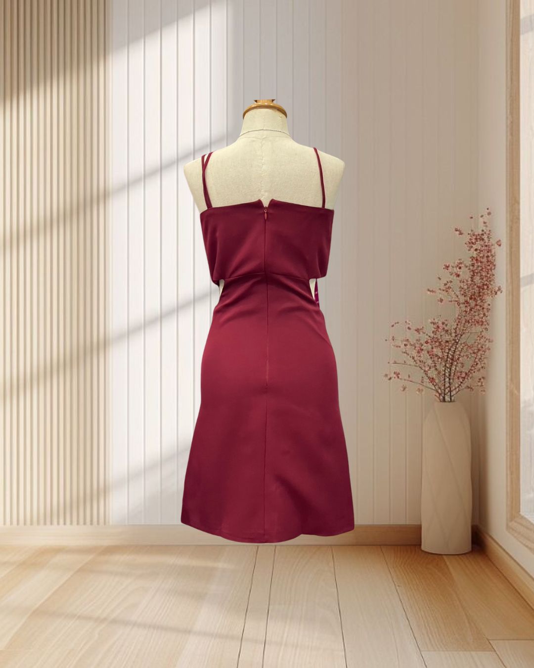 (PRE-LOVED) ราตรีสั้นสีแดงสายเดี่ยว เว้าเอว ไซส์ S