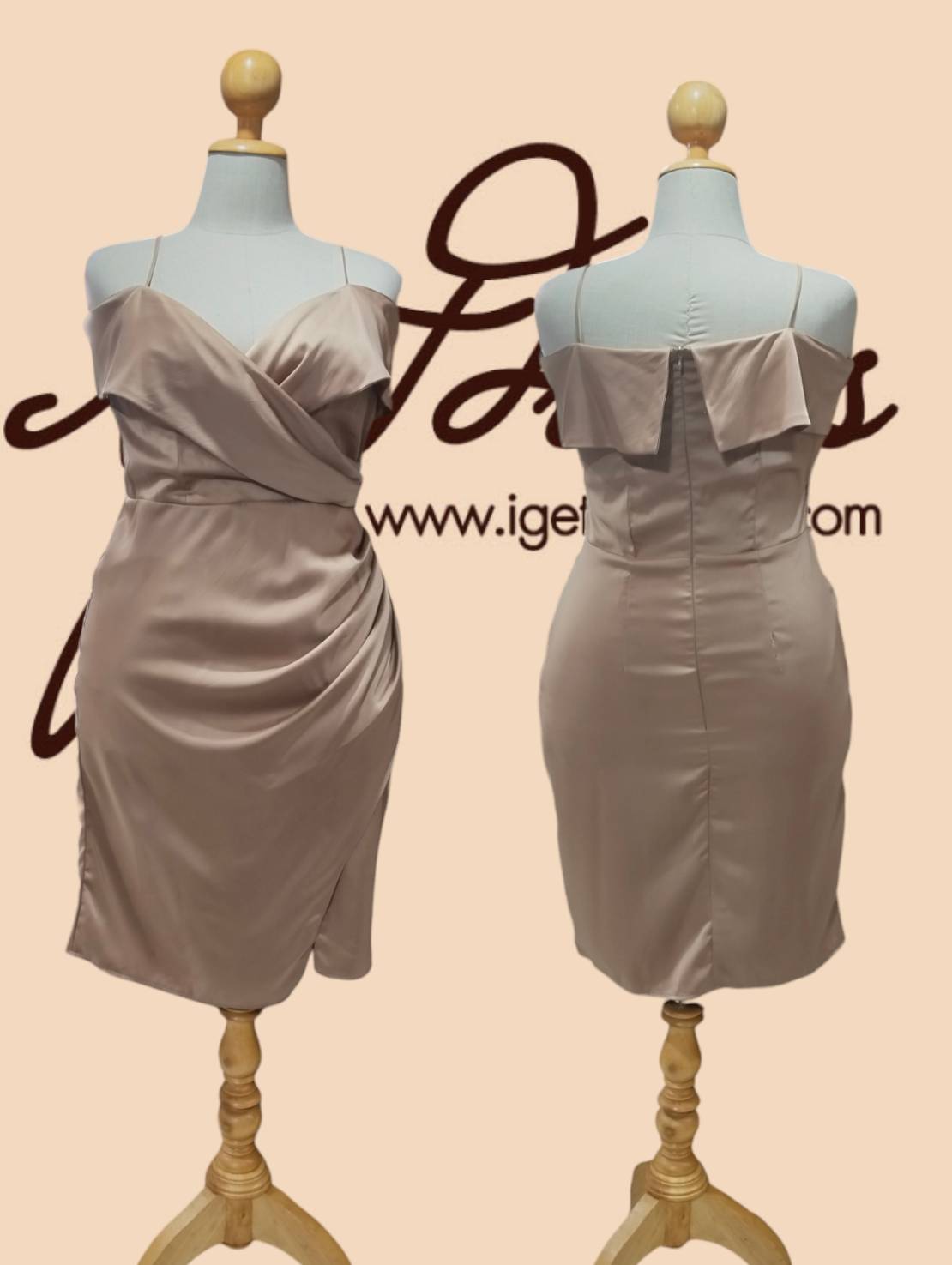 (PRE-LOVED) ราตรีสั้นสีโอวัลติน สายเดี่ยวระบายปกป้าย ผ้าเครปซาติน ไซส์ 2XL