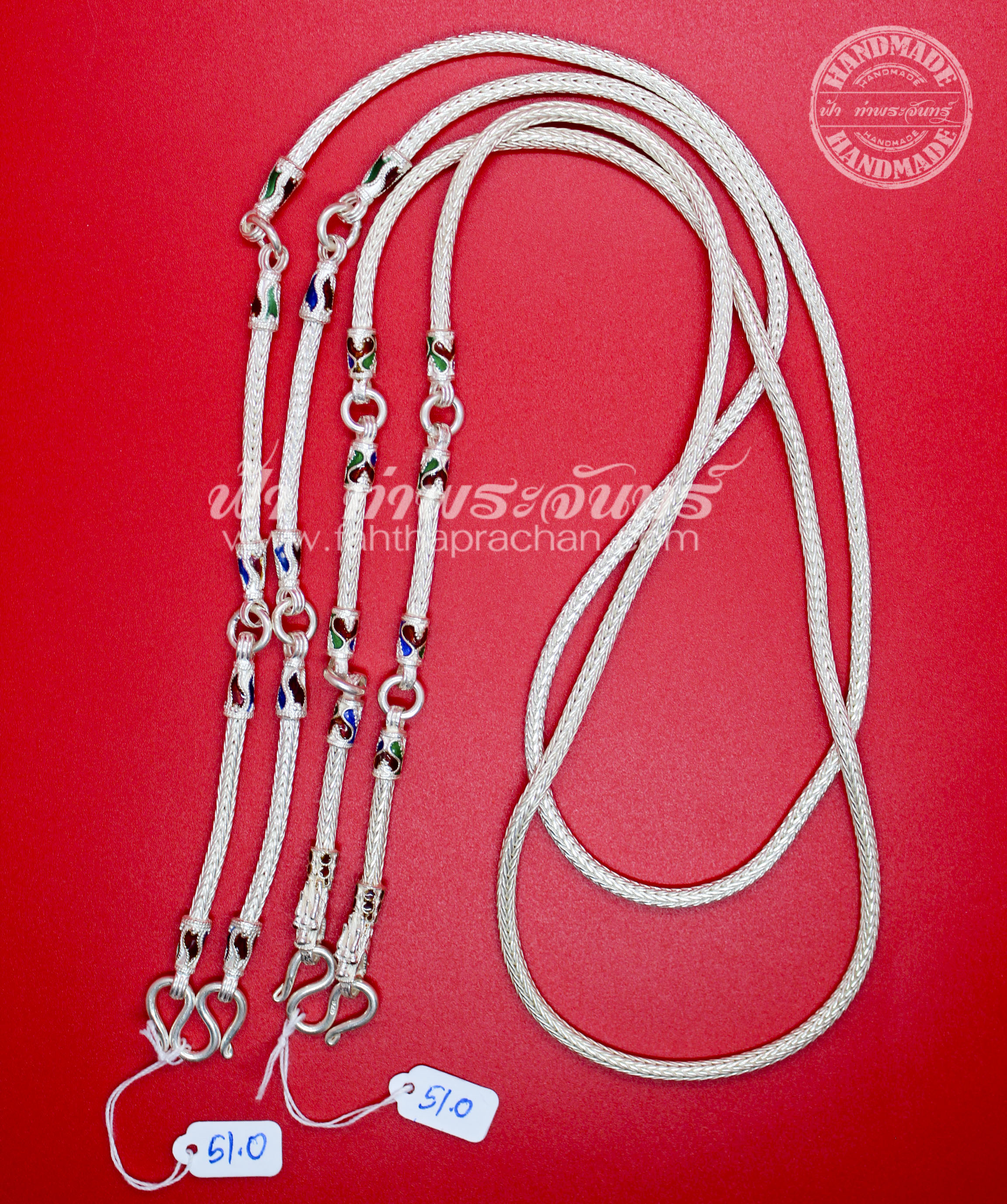 สร้อยคอเงินแท้ 92.5 ลายหกเสา หัวจรวด/หัวมังกร ลงยา 5 ห่วง มีห่วงหลัง