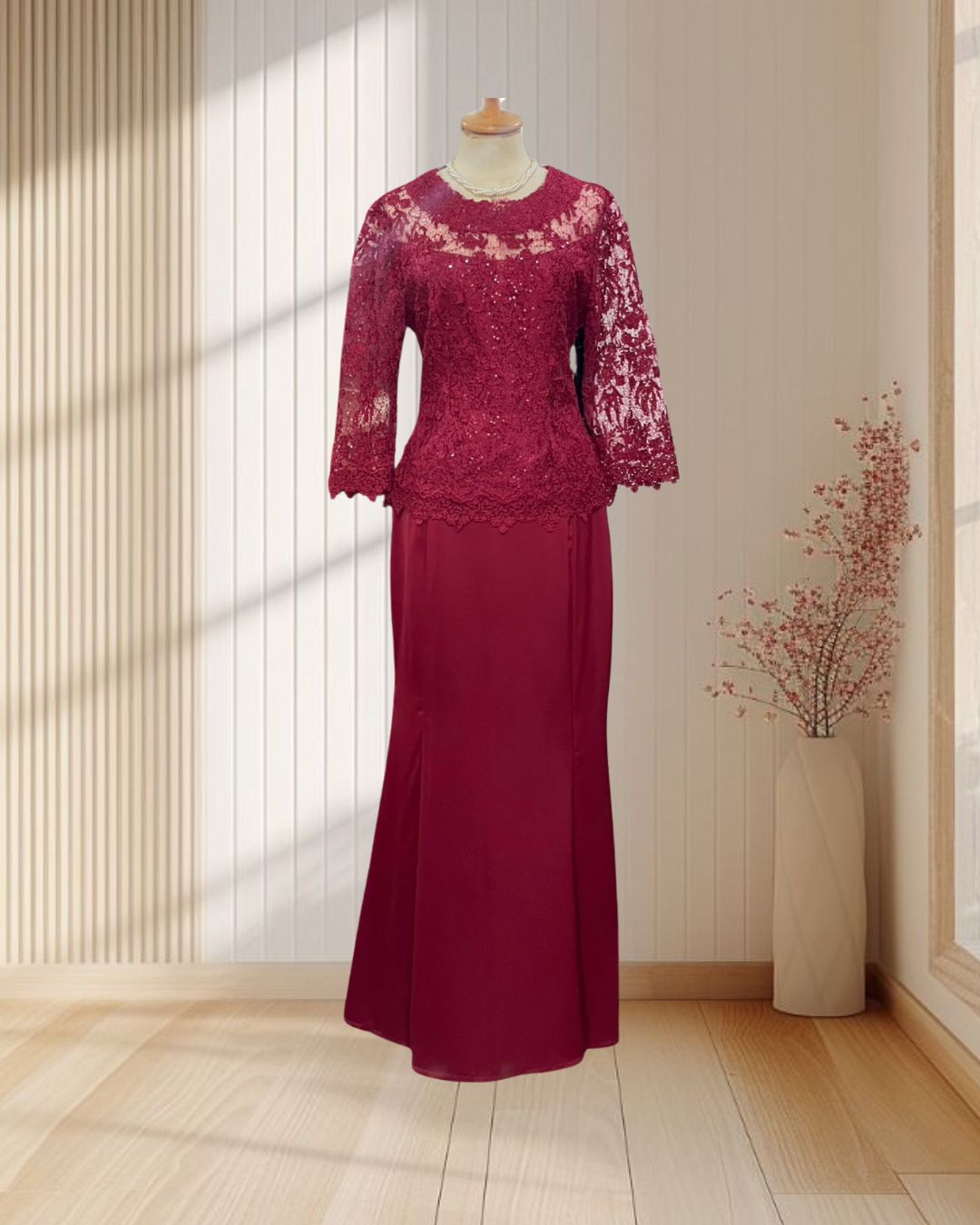 (PRE-LOVED) ชุดคุณแม่สีแดงเสื้อลูกไม้+กระโปรงผ้าเครป ไซส์ M