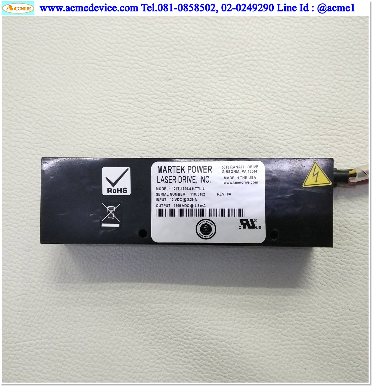 Laser Power Supply Laser Drive รุ่น 121T-1700-4.9-TTL-4, Output 1700Vdc, 4.9mA, Power Input 12Vdc