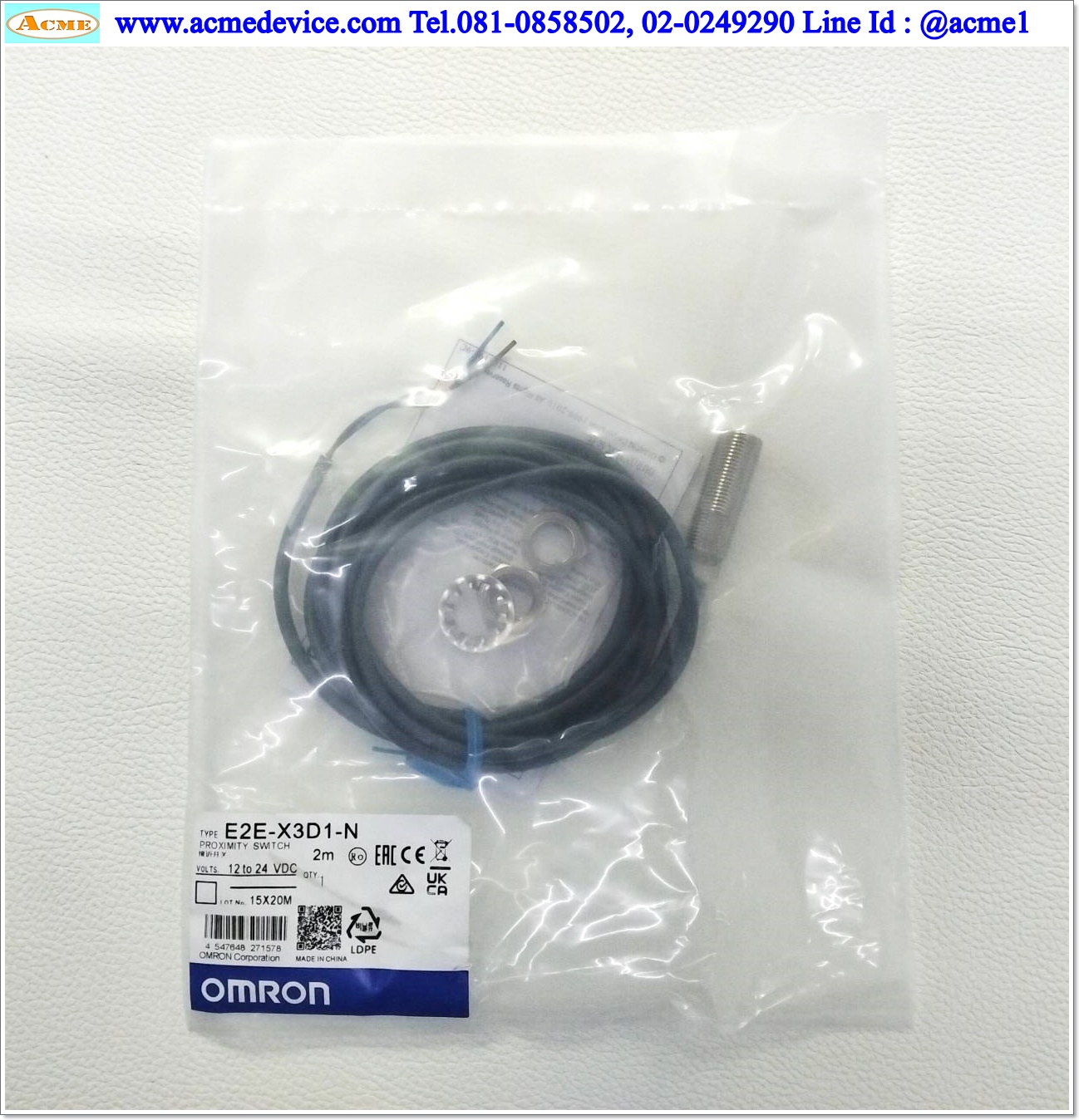 Proximity Omron รุ่น E2E-X3D1-N, M12, ระยะ 3mm, 2wire, NO, Shielded, Inductive