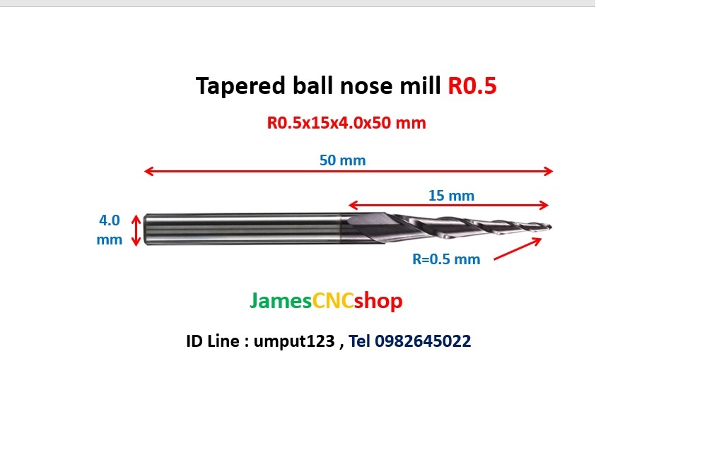 R0.5x15xD4x50 mm Tapered ball nose end mill TiAlN Carbide coat
