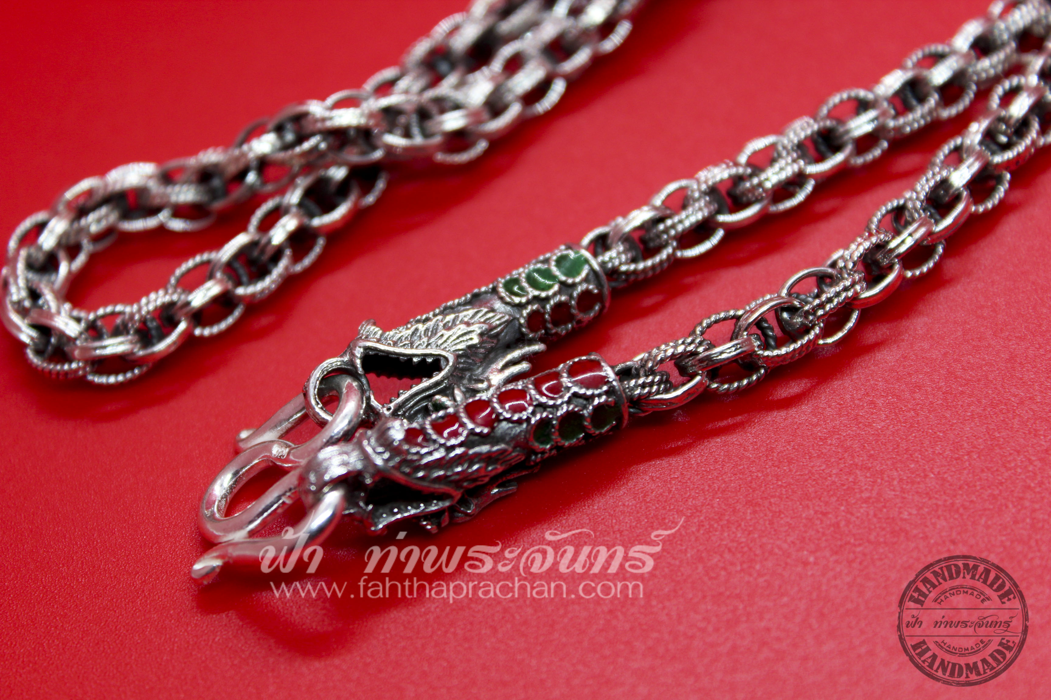สร้อยคอเงินแท้ 92.5% ลายเกลียวเชือก หัวมังกร รมดำ ลงยา