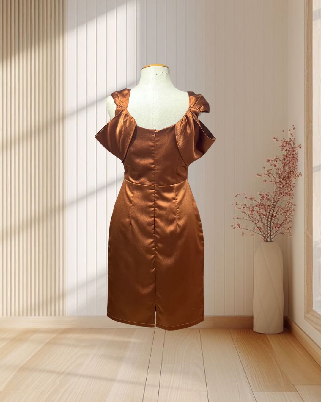 (PRE-LOVED) สั้นส้มอิฐสายใหญ่อ้อมแขน ผ้าเปเป้