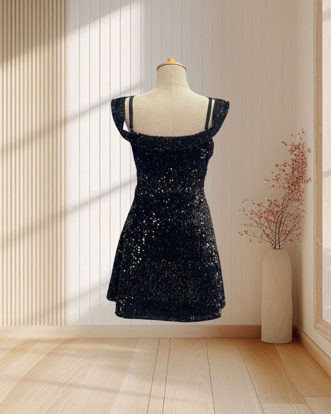 (PRE-LOVED) ราตรีสั้นสีดำ ปักเลื่อม สายเดี่ยวปาดไหล่ ไซส์ L