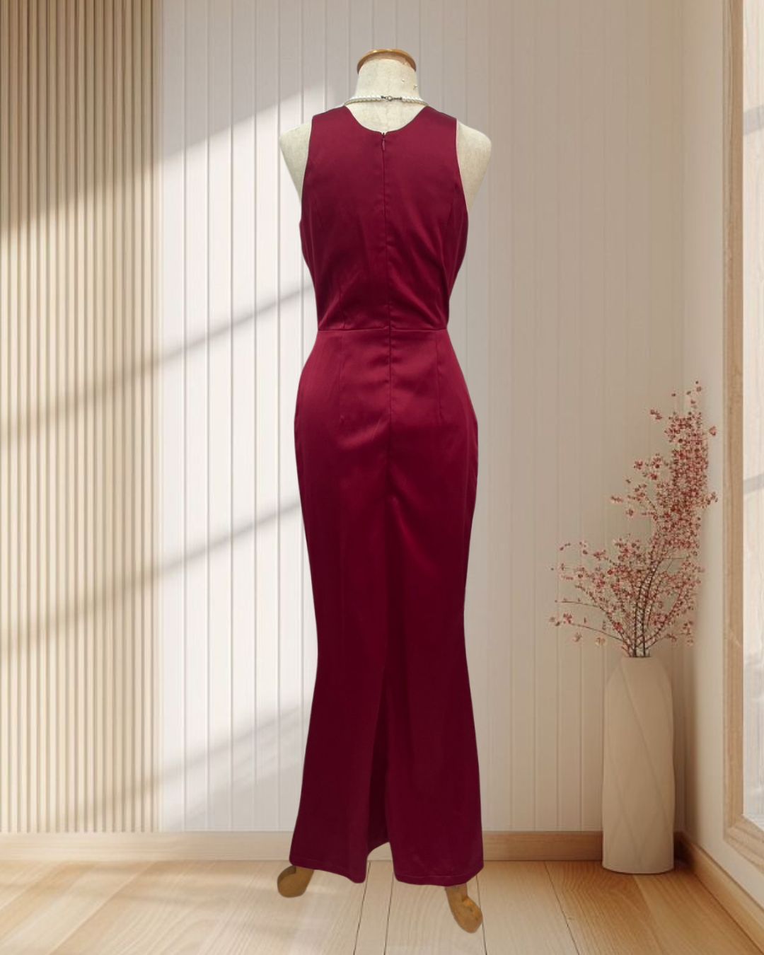 (PRE-LOVED) ราตรียาวสีแดงแขนกุดคอวี (M)