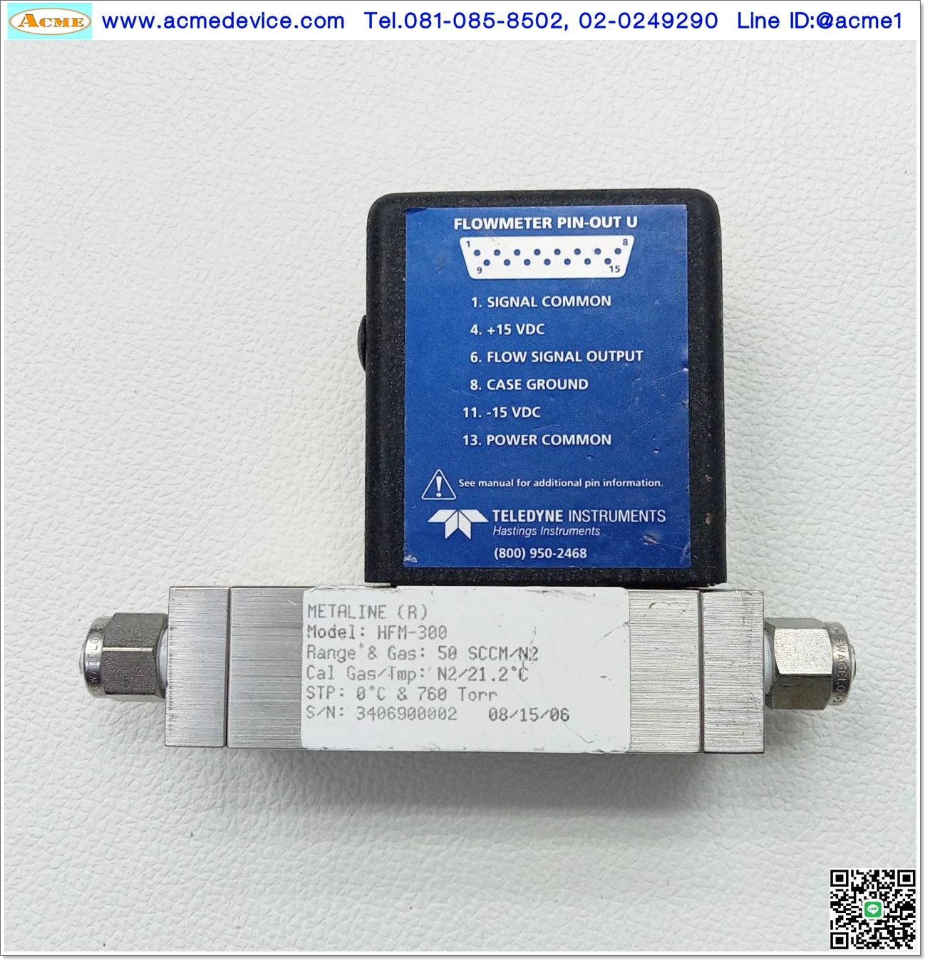 Flow Sensor Teledyne รุ่น HFM-300, 50 SCCM/N2, Power input +- 15Vdc, Analog out 0-5V