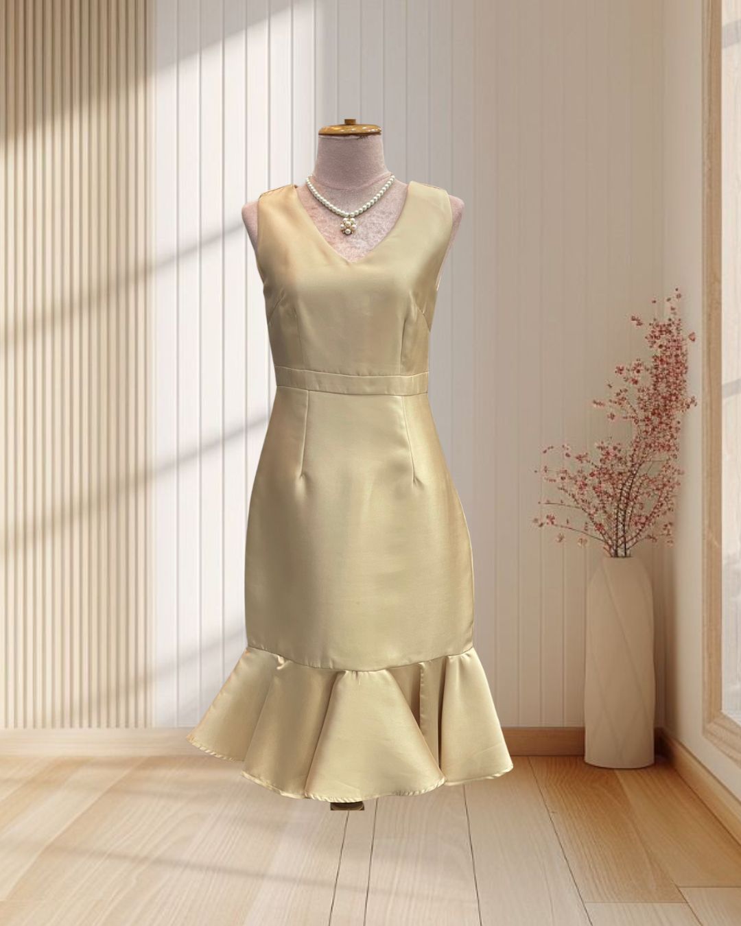 (PRE-LOVED) ราตรีสั้นสีทอง ผ้าไหมเทียม หางปลาคอวี ไซส์ S