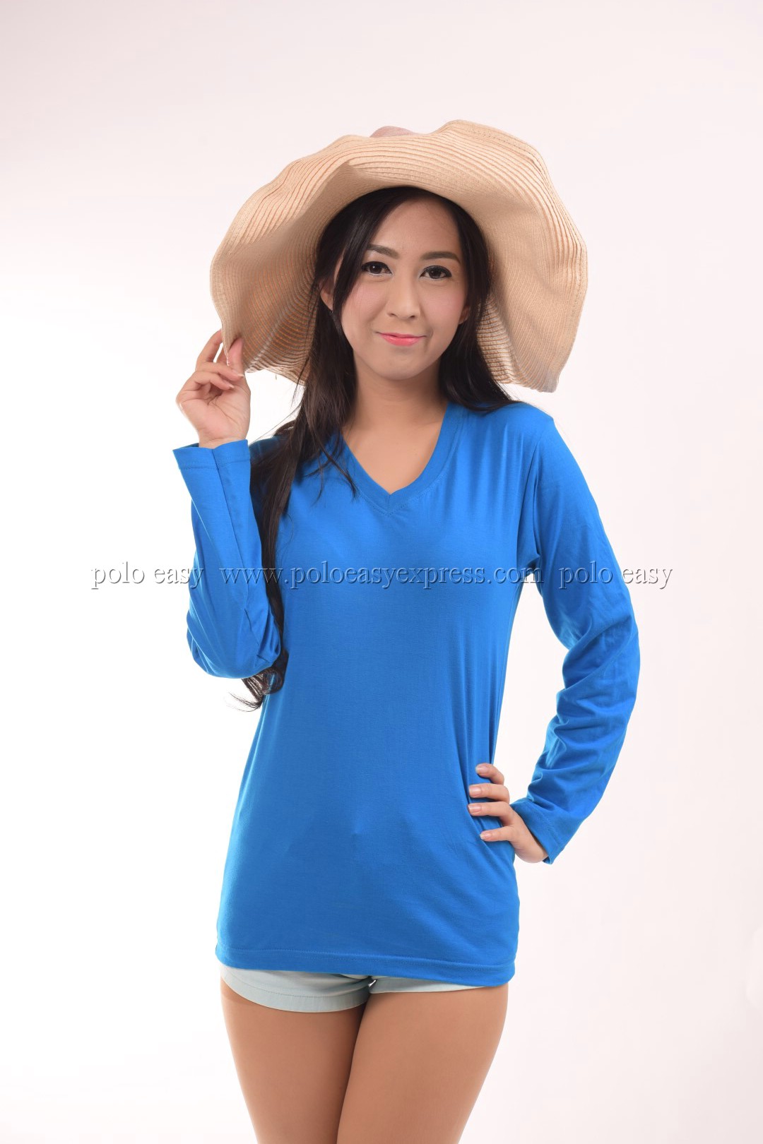 เสื้อยืด สีฟ้าทะเล คอวี แขนยาว Size S
