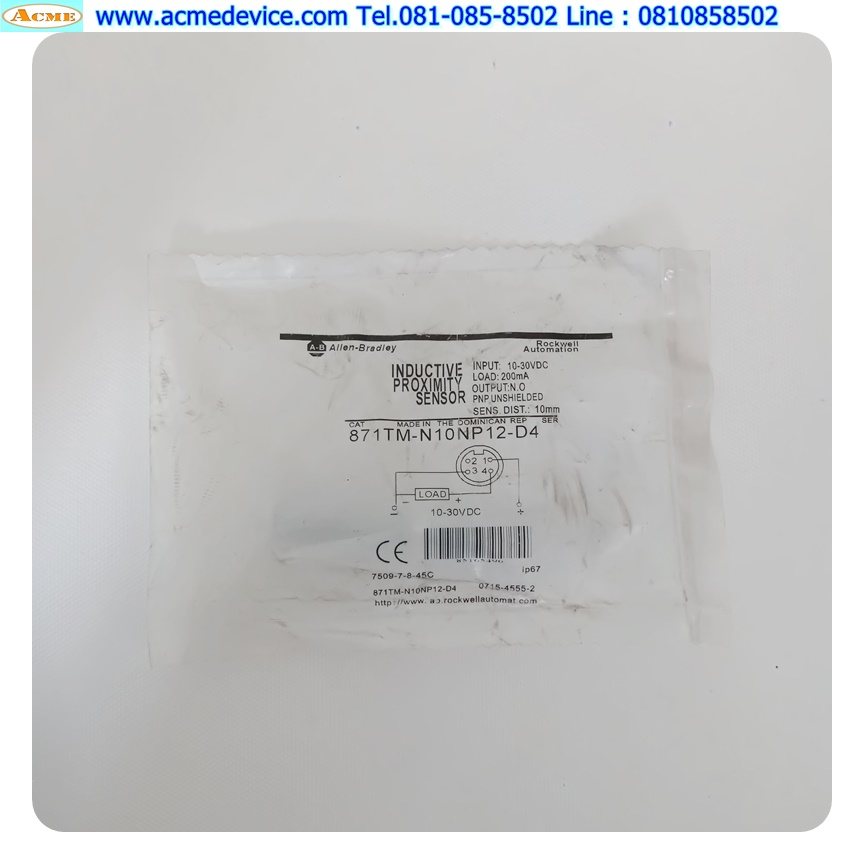 Proximity Allen-Bradley รุ่น 871TM-N10NP12-D4, M12, ระยะ 10mm, 3Wire, NPN, NO, Inductive