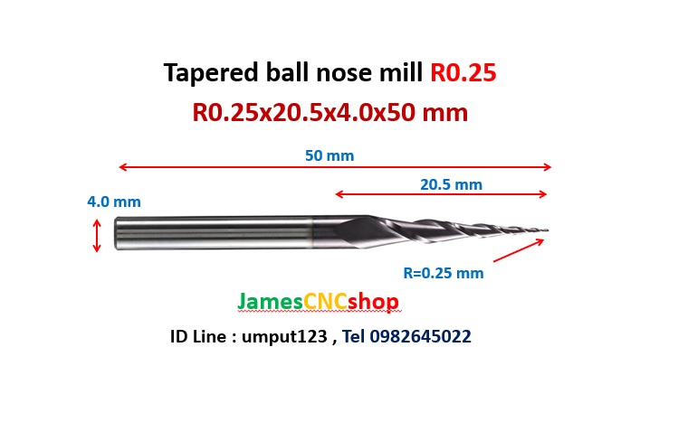 R0.25x20.5xD4x50 mm Tapered ball nose end mill TiAlN Carbide coat