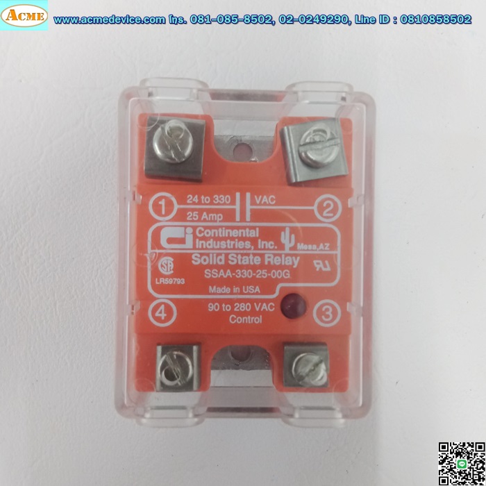Solid State Relay Continental รุุ่น SSAA-330-25-00G, Input 24-330Vac, Output 90-280Vac, 25A, Zero-Cross