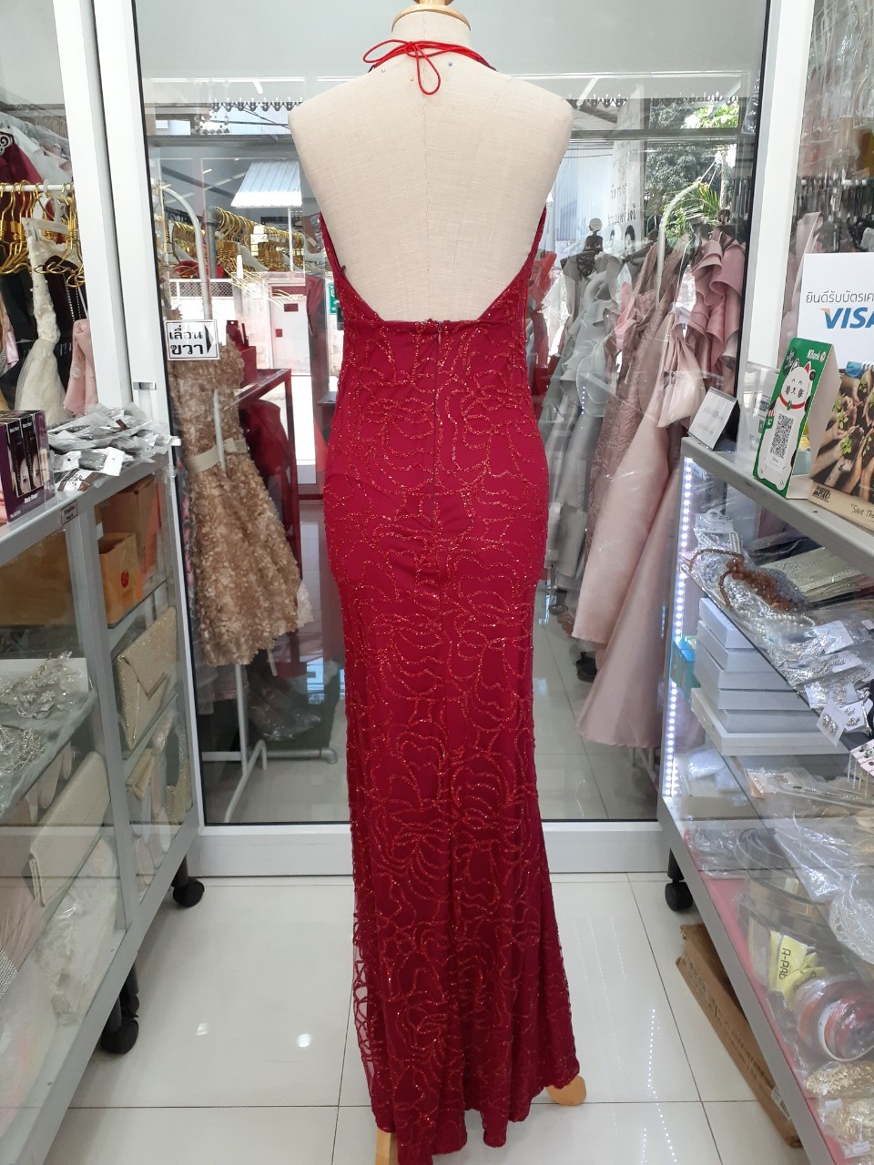 (PRE-LOVED) ชุดราตรียาวสีแดงเชือกคล้องคอgliter(S)