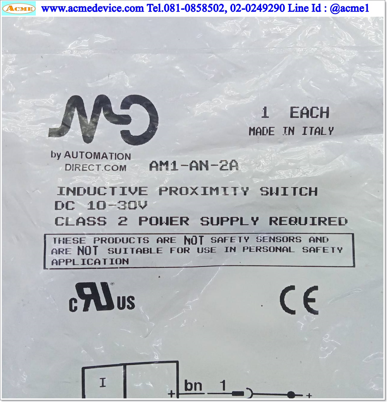 Proximity MICRO DETECTORS รุ่น AM1-AN-2A, M12, ระยะ 4mm, 3wire, NPN, NO, Unshielded, Inductive