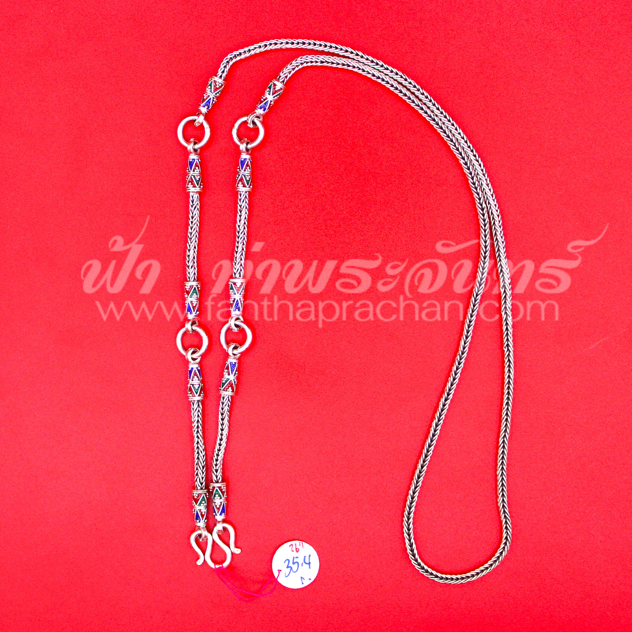สร้อยคอเงินแท้ 92.5 ลายสี่เสา หัวจรวดลงยา รมดำ แบบ 5 ห่วง