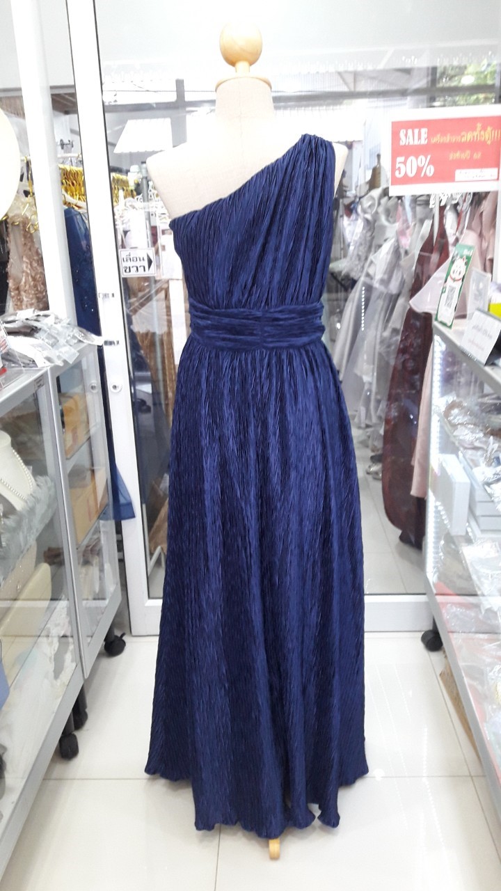 (PRE-LOVED) ยาวกรมซาตินอัดลายริ้วทรงกรีกบ่าเดี่ยวจับจีบเอว(M) มือ2