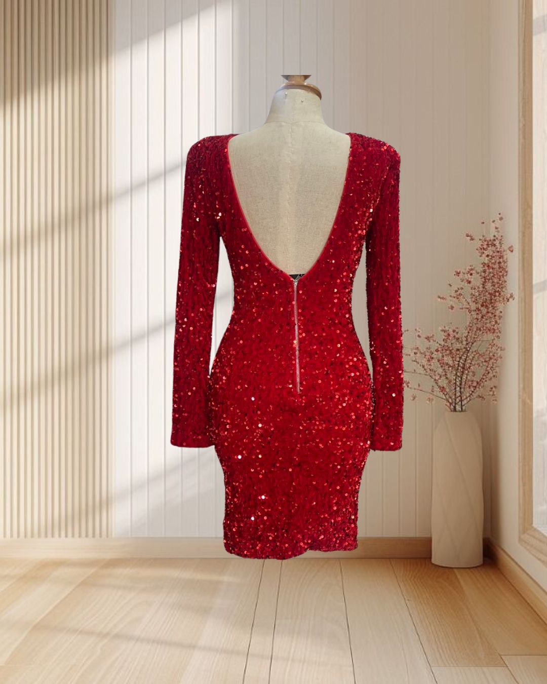 (PRE-LOVED)ราตรีสั้นสีแดง แขนยาวเว้าหลัง งานปักเลื่อมทั้งตัว ไซส์ XS