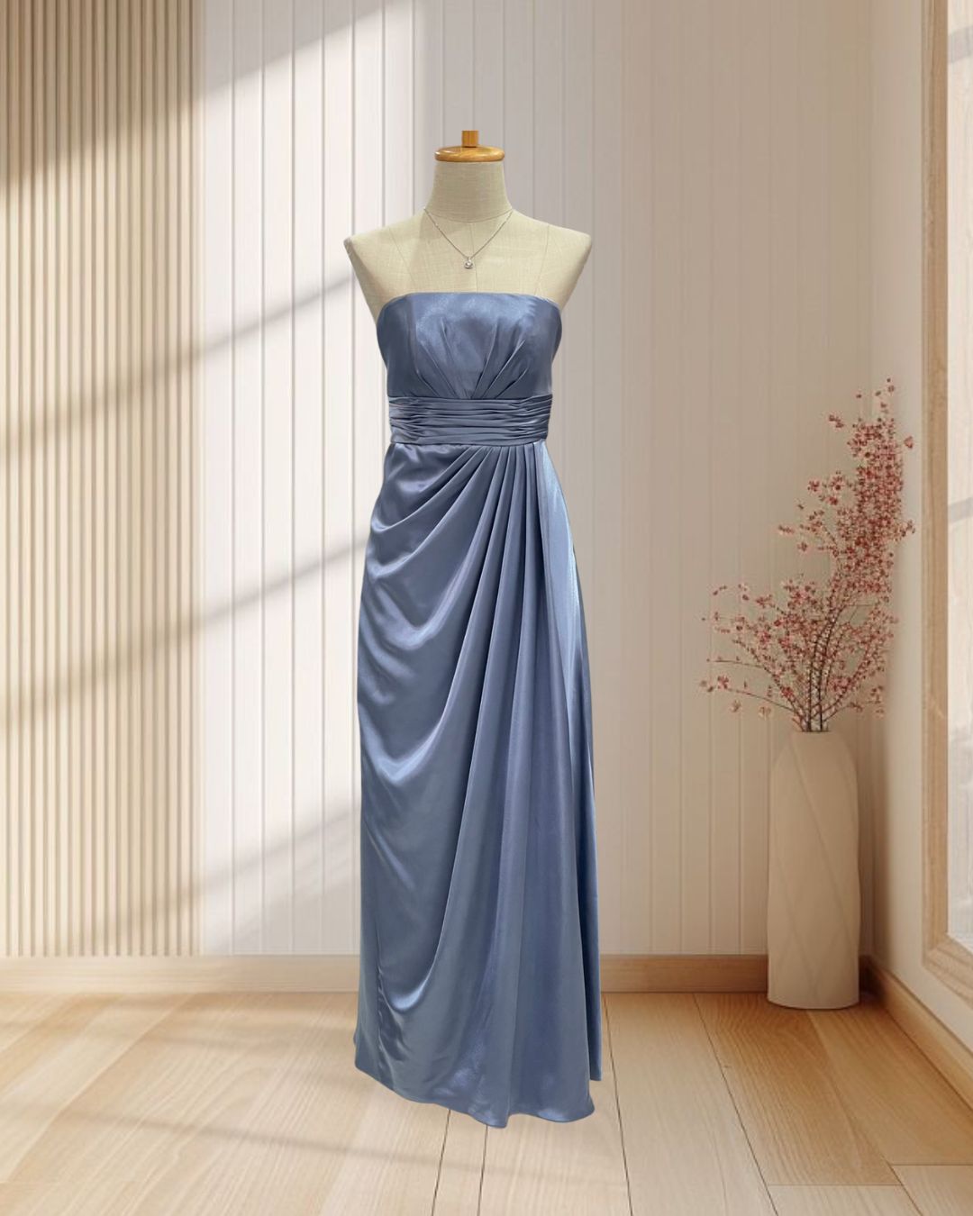 ราตรียาวสีฟ้า เกาะอก ผ้าซาติน งานจีบสะโพก ไซส์ S