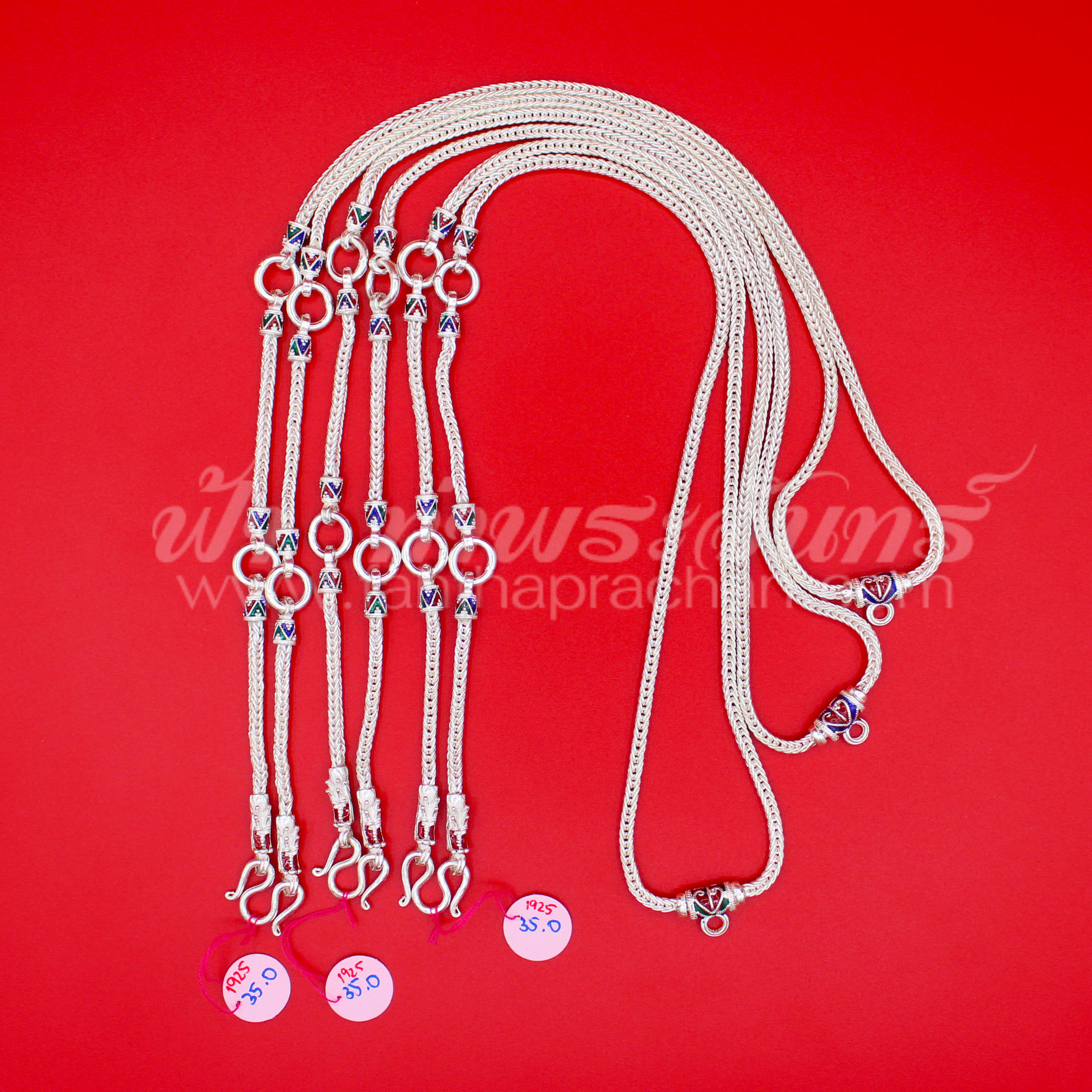 สร้อยคอเงินแท้ 92.5 ลายสี่เสาหัวมังกร ลงยา แบบ 5 ห่วง มีห่วงหลัง