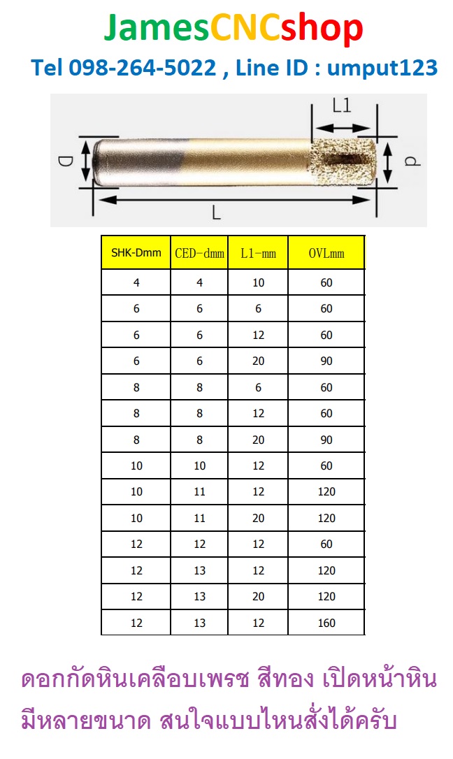 ดอกกัดหินเคลือบเพรช สีทอง แกน 6 mm หัวตัด Flat straight knife Diamond Tools 6.0 mm