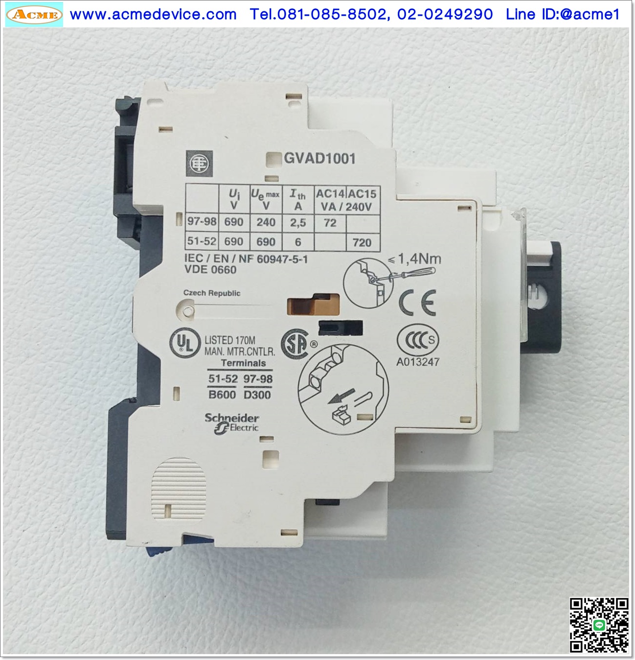 Motor Circuit Breaker Telemecanique รุ่น GV2-P01, Current Rating 0.1-0.16A , 690V, 6kV, 3Poles, + GVAD1001